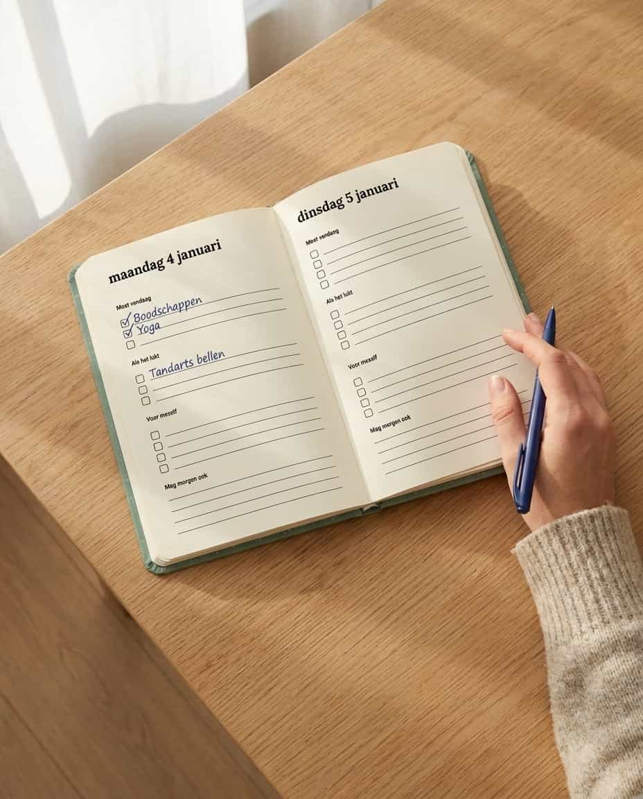 Een open Journowl-planner op een houten tafel in ochtendlicht. Links maandag 4 januari met drie afgevinkte en open taken, rechts dinsdag 5 januari. Een hand houdt een pen.