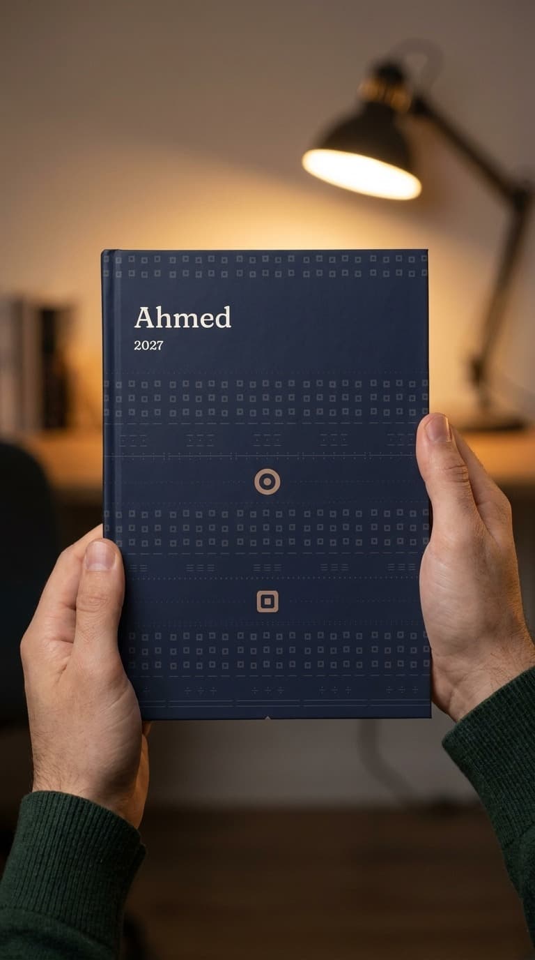 Twee handen houden een donkerblauwe planner met de naam Ahmed op de cover, 's avonds onder een bureaulamp.